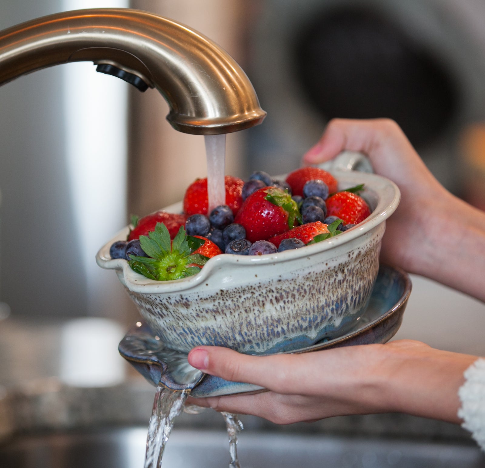 Hand thrown Berry Bowl buying Colander Snowflake Blue